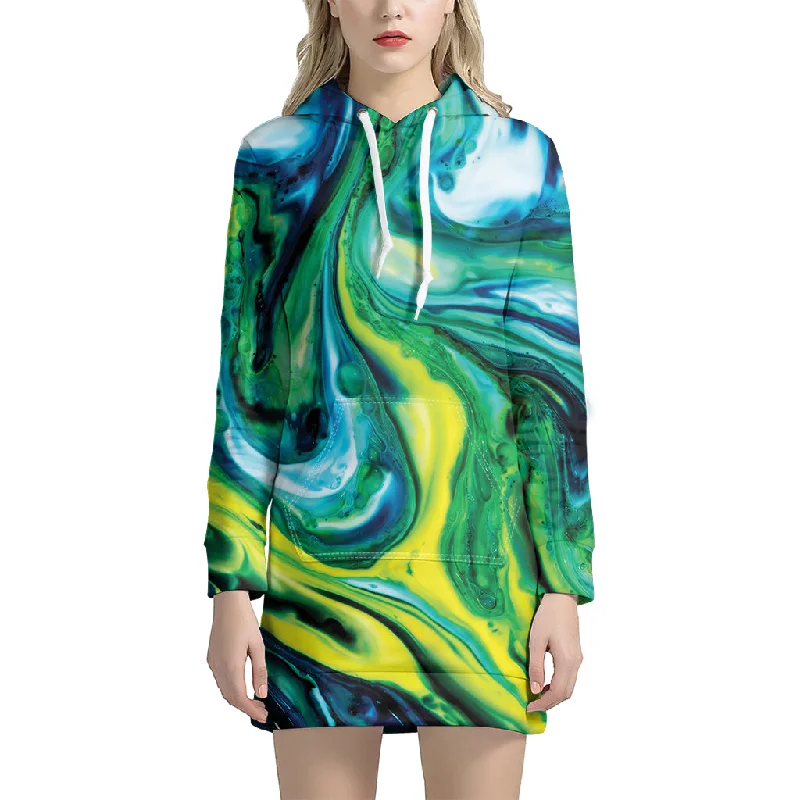 Blue And Green Acid Melt Print Pullover Hoodie Dress