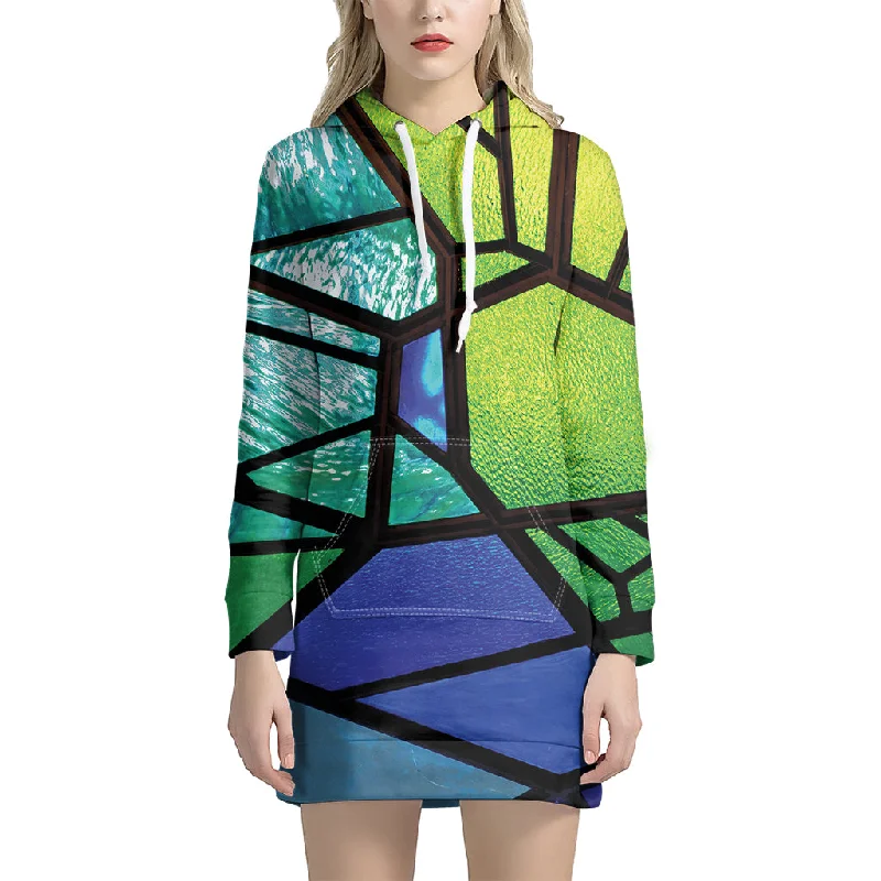 Blue And Green Stained Glass Print Pullover Hoodie Dress