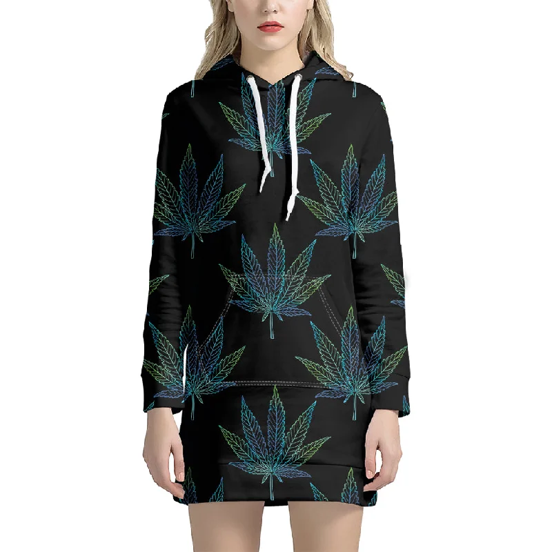 Blue And Green Weed Leaf Pattern Print Pullover Hoodie Dress