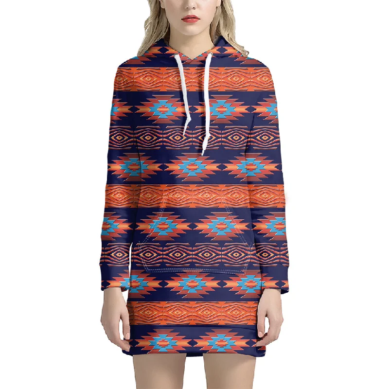 Blue And Orange Southwestern Print Pullover Hoodie Dress