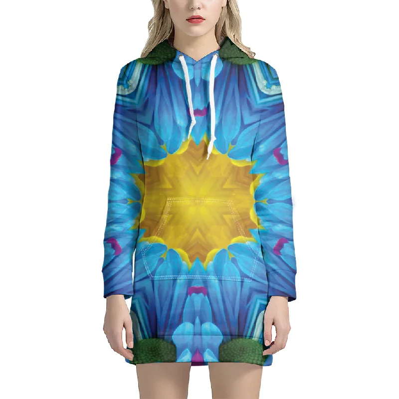 Blue And Pink Flowers Kaleidoscope Print Pullover Hoodie Dress
