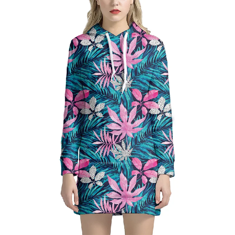 Blue And Pink Watercolor Hawaiian Print Pullover Hoodie Dress