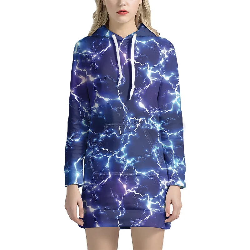 Blue And Purple Lightning Print Pullover Hoodie Dress
