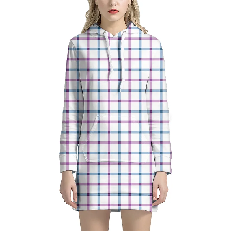 Blue And Purple Tattersall Pattern Print Pullover Hoodie Dress