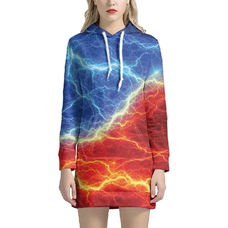 Blue And Red Lightning Print Pullover Hoodie Dress