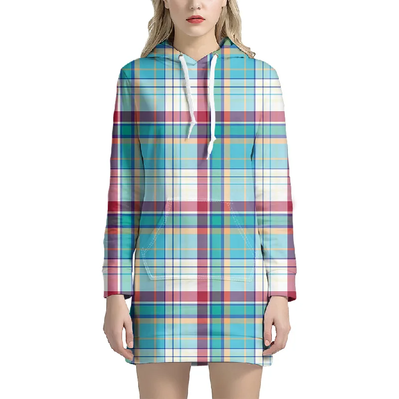 Blue And Red Madras Pattern Print Pullover Hoodie Dress
