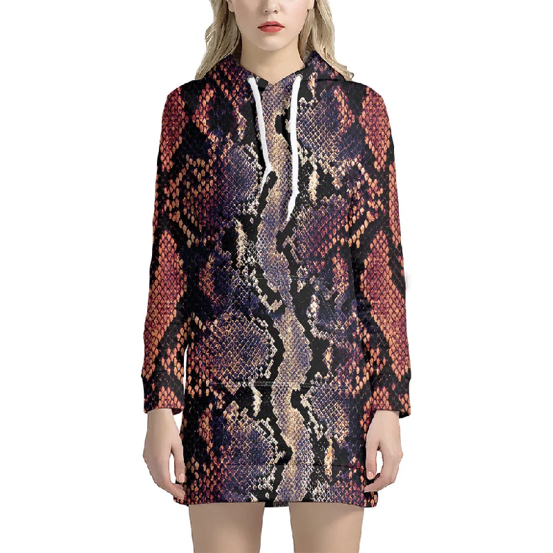 Blue And Red Snakeskin Print Pullover Hoodie Dress