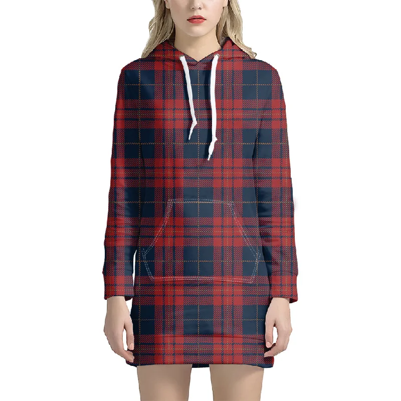 Blue And Red Tartan Pattern Print Pullover Hoodie Dress