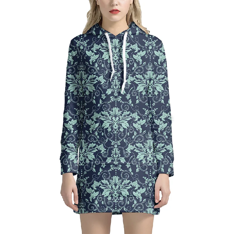 Blue And Teal Damask Pattern Print Pullover Hoodie Dress