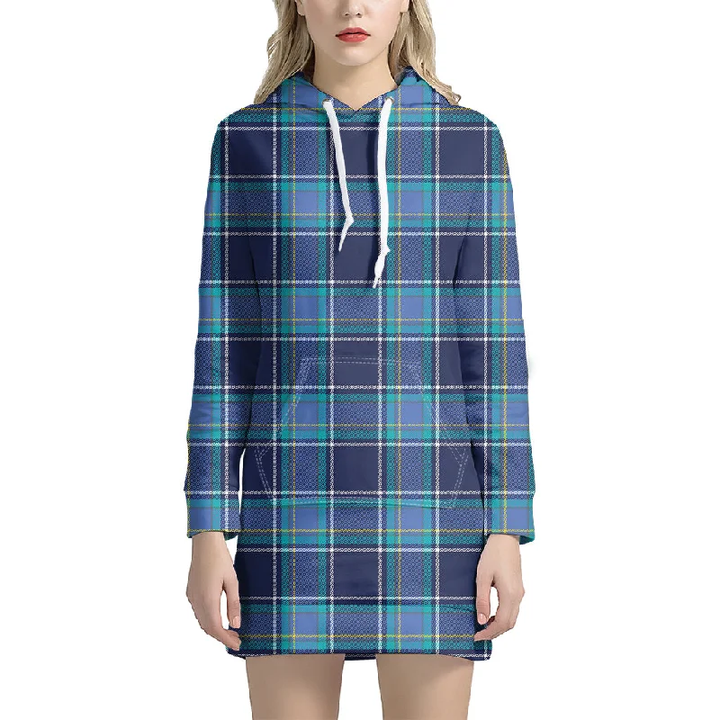 Blue And Teal Tartan Pattern Print Pullover Hoodie Dress