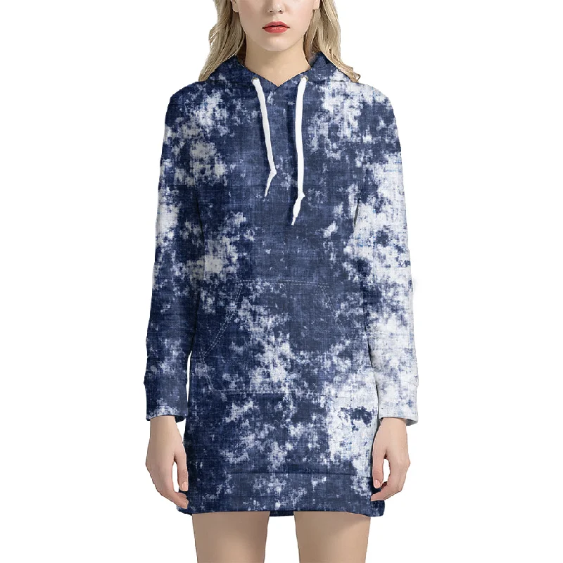 Blue And White Acid Wash Tie Dye Print Pullover Hoodie Dress