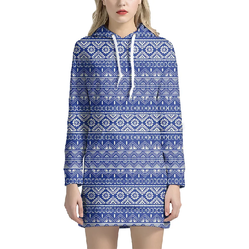 Blue And White African Pattern Print Pullover Hoodie Dress