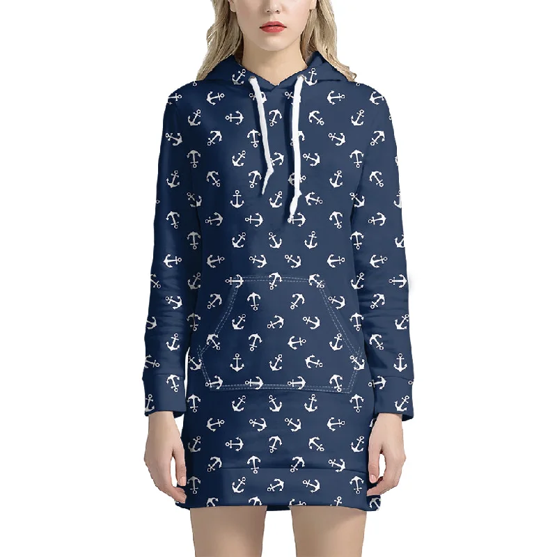 Blue And White Anchor Pattern Print Pullover Hoodie Dress