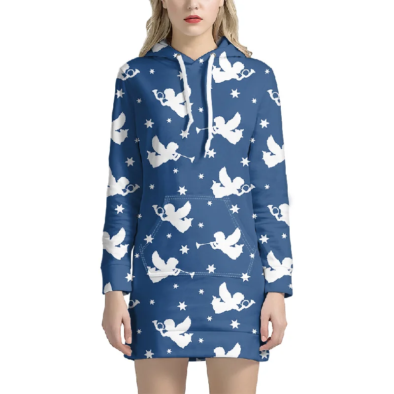 Blue And White Angel Pattern Print Pullover Hoodie Dress