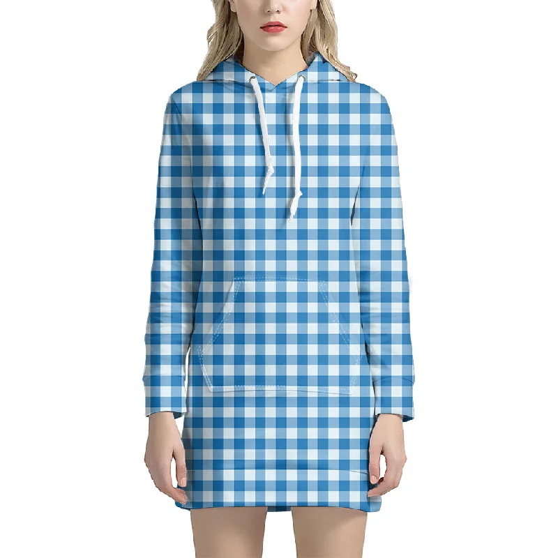 Blue And White Check Pattern Print Pullover Hoodie Dress
