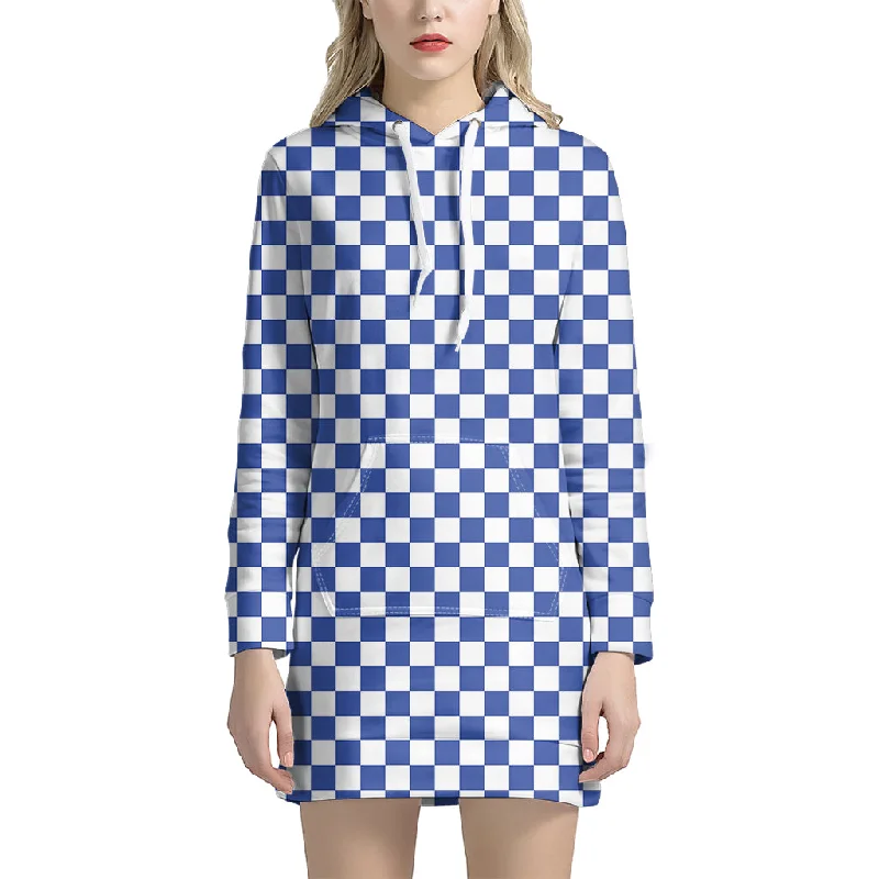 Blue And White Checkered Pattern Print Pullover Hoodie Dress