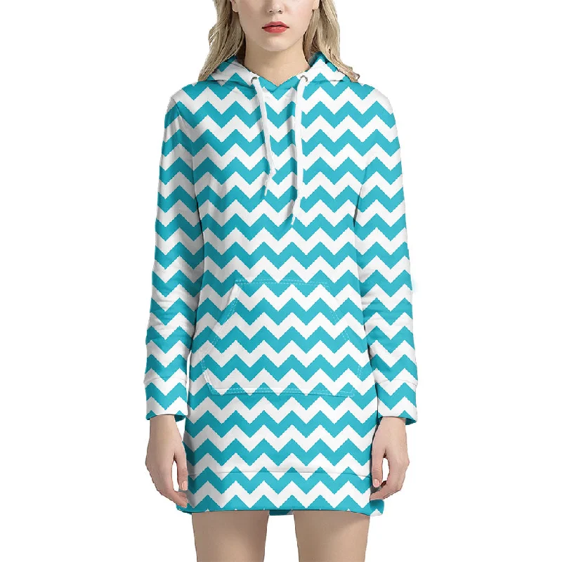 Blue And White Chevron Pattern Print Pullover Hoodie Dress