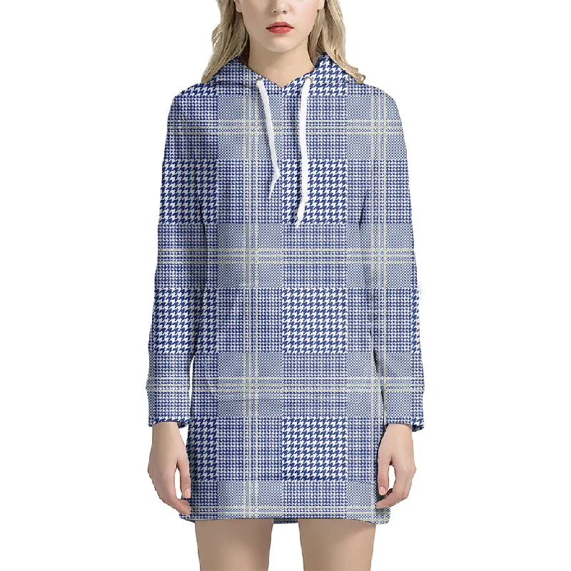 Blue And White Glen Plaid Print Pullover Hoodie Dress