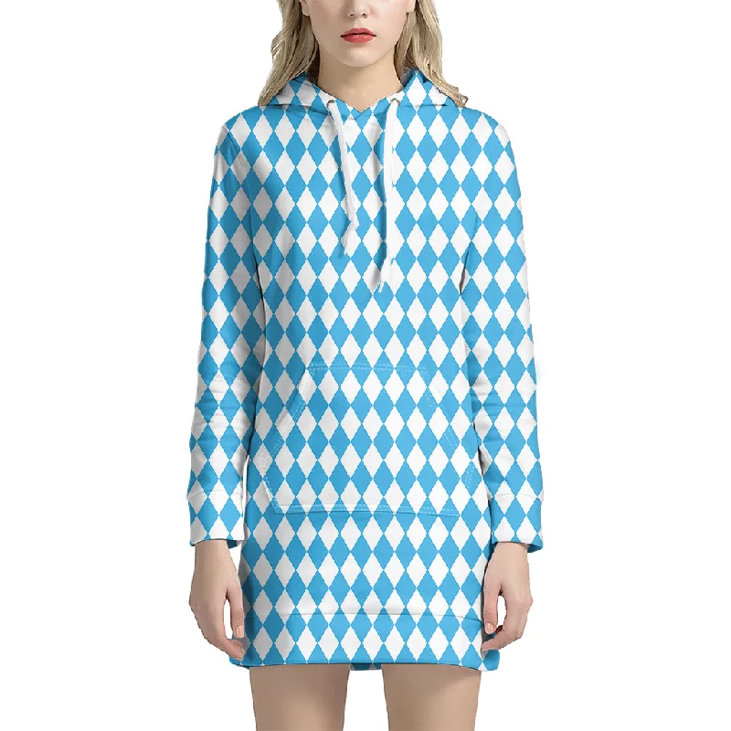 Blue And White Harlequin Pattern Print Pullover Hoodie Dress