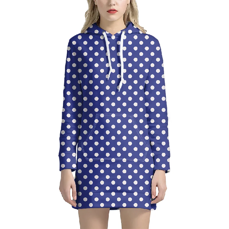 Blue And White Polka Dot Pattern Print Pullover Hoodie Dress