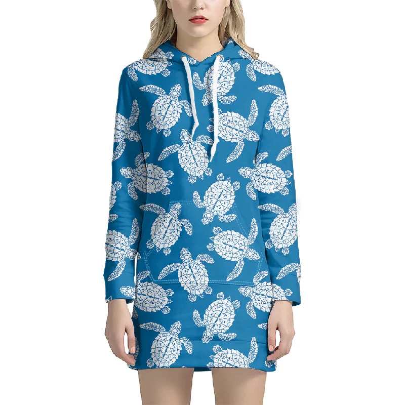 Blue And White Sea Turtle Pattern Print Pullover Hoodie Dress