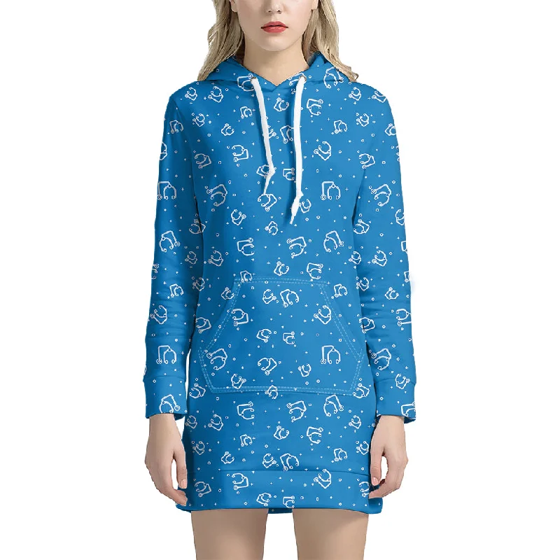 Blue And White Stethoscope Pattern Print Pullover Hoodie Dress