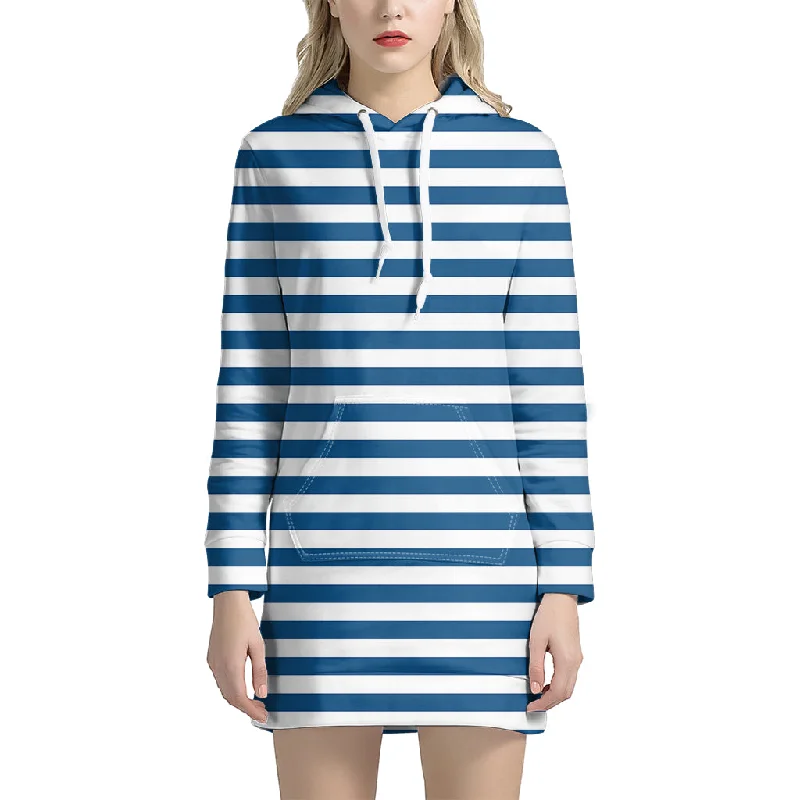 Blue And White Striped Pattern Print Pullover Hoodie Dress