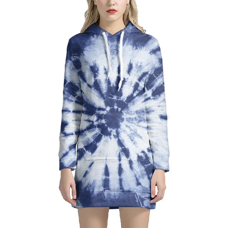 Blue And White Tie Dye Print Pullover Hoodie Dress