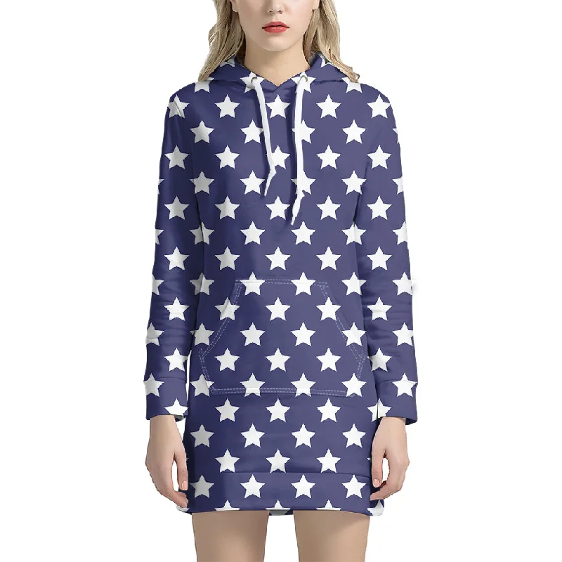 Blue And White USA Star Pattern Print Pullover Hoodie Dress