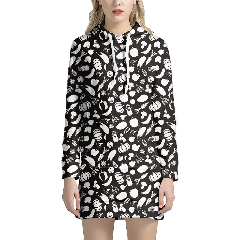 Blue And White Vegan Pattern Print Pullover Hoodie Dress