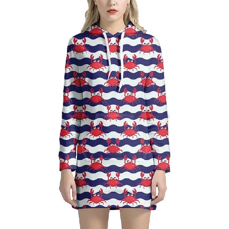 Blue And White Wave Crab Pattern Print Pullover Hoodie Dress