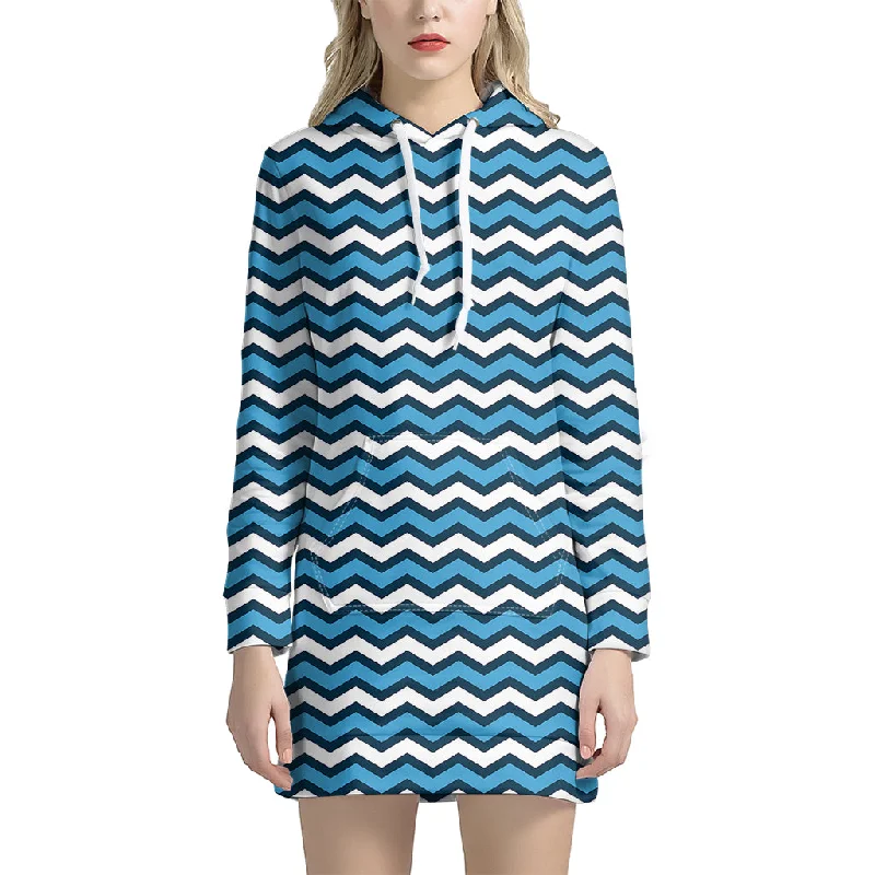 Blue And White Zigzag Pattern Print Pullover Hoodie Dress