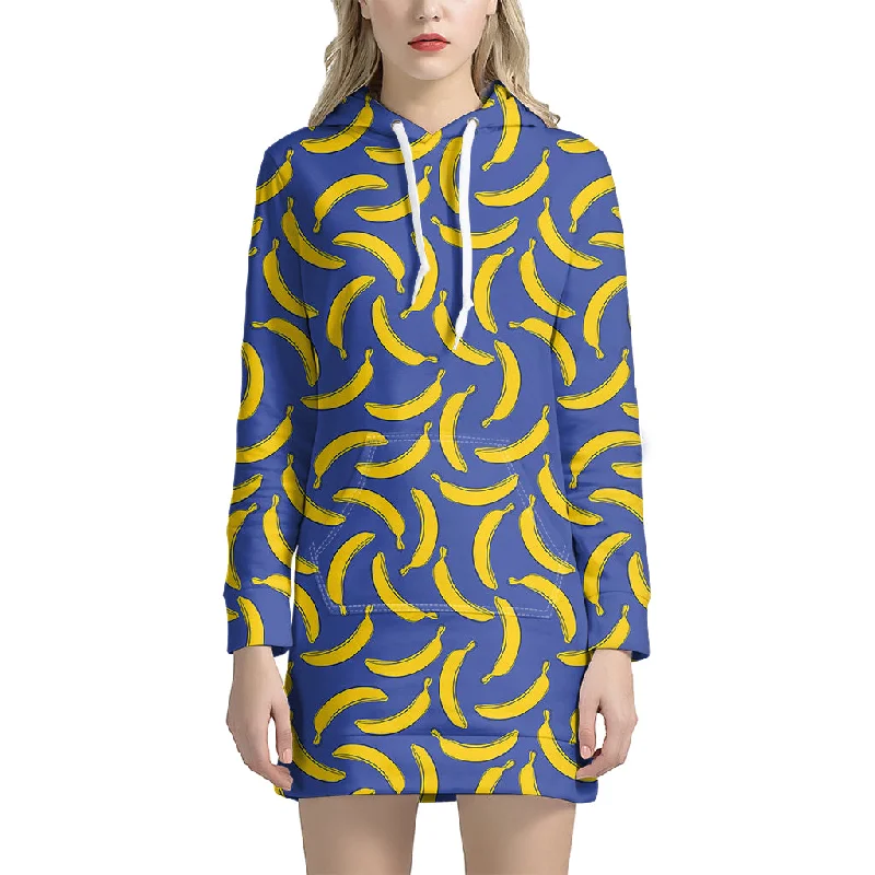 Blue And Yellow Banana Pattern Print Pullover Hoodie Dress
