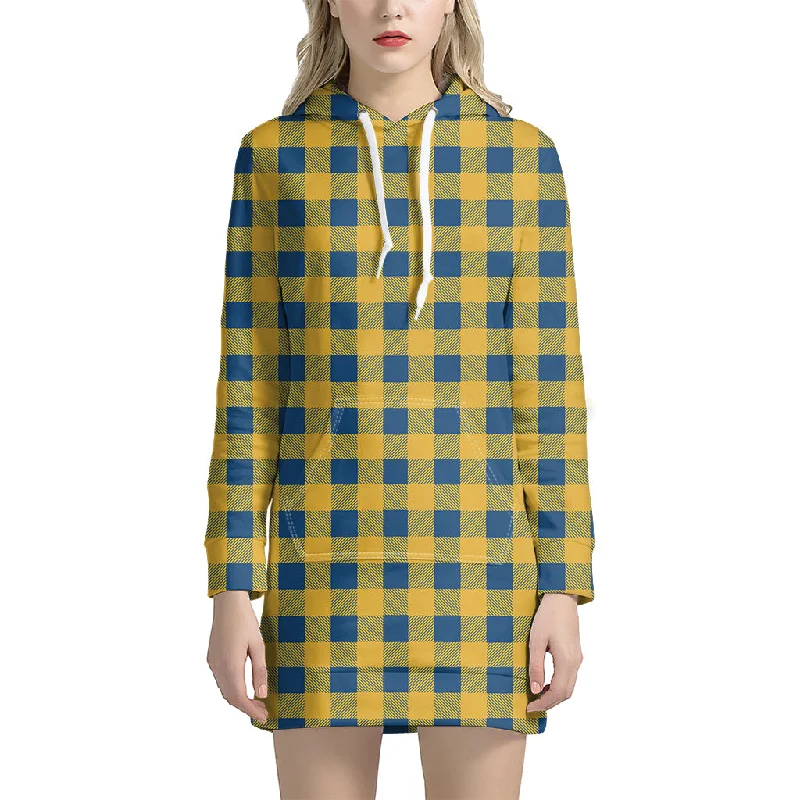 Blue And Yellow Buffalo Check Print Pullover Hoodie Dress