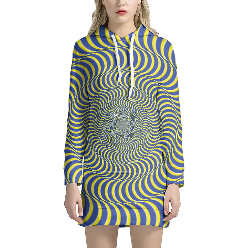 Blue And Yellow Illusory Motion Print Pullover Hoodie Dress