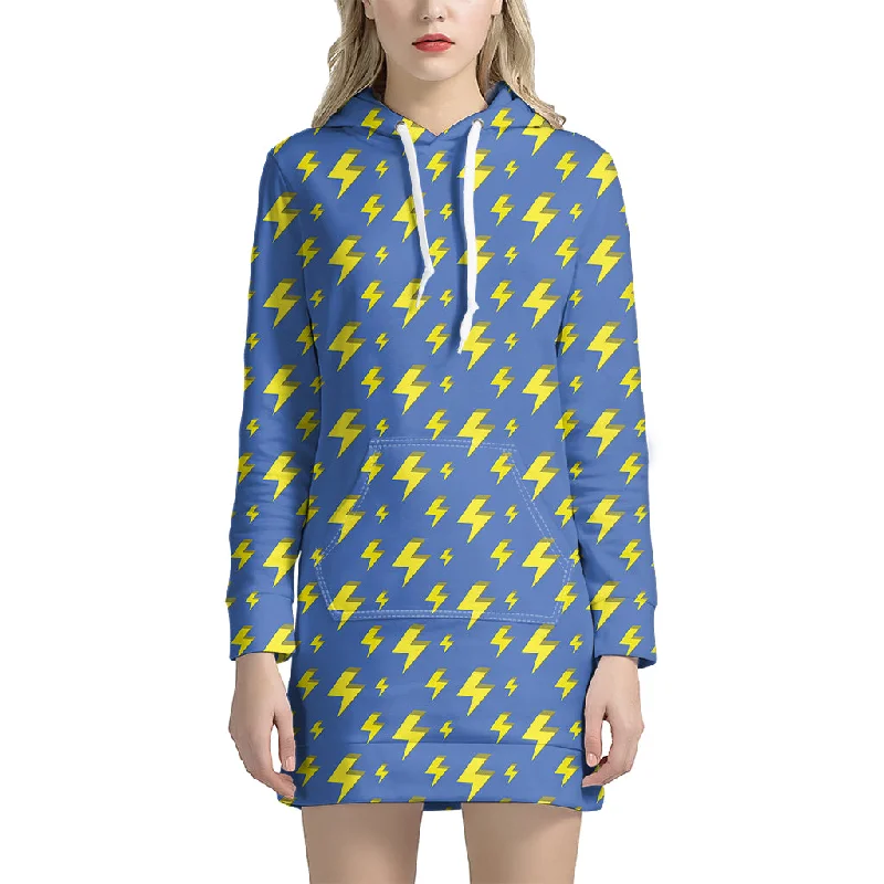 Blue And Yellow Lightning Pattern Print Pullover Hoodie Dress