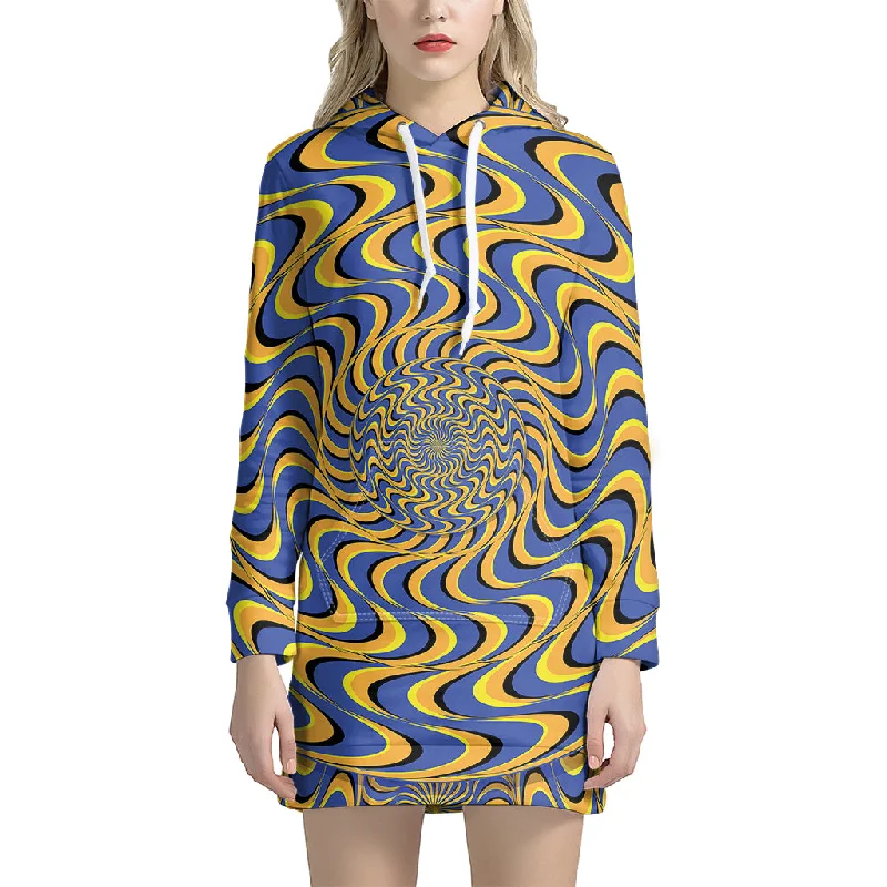 Blue And Yellow Motion Illusion Print Pullover Hoodie Dress