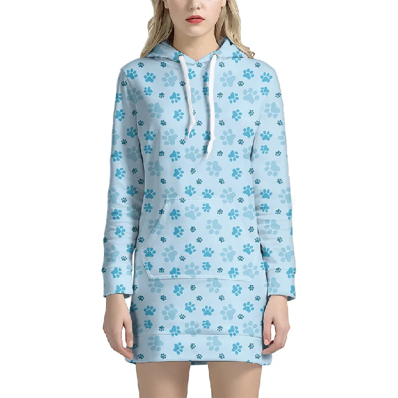 Blue Animal Paw Pattern Print Pullover Hoodie Dress