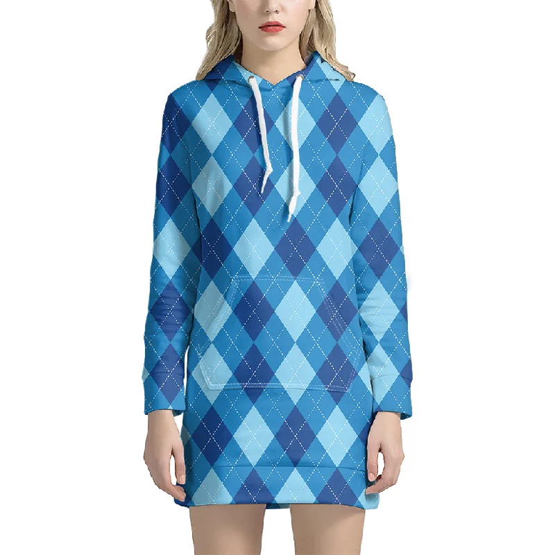 Blue Argyle Pattern Print Pullover Hoodie Dress
