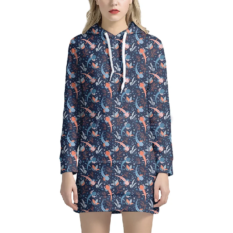 Blue Axolotl Pattern Print Pullover Hoodie Dress