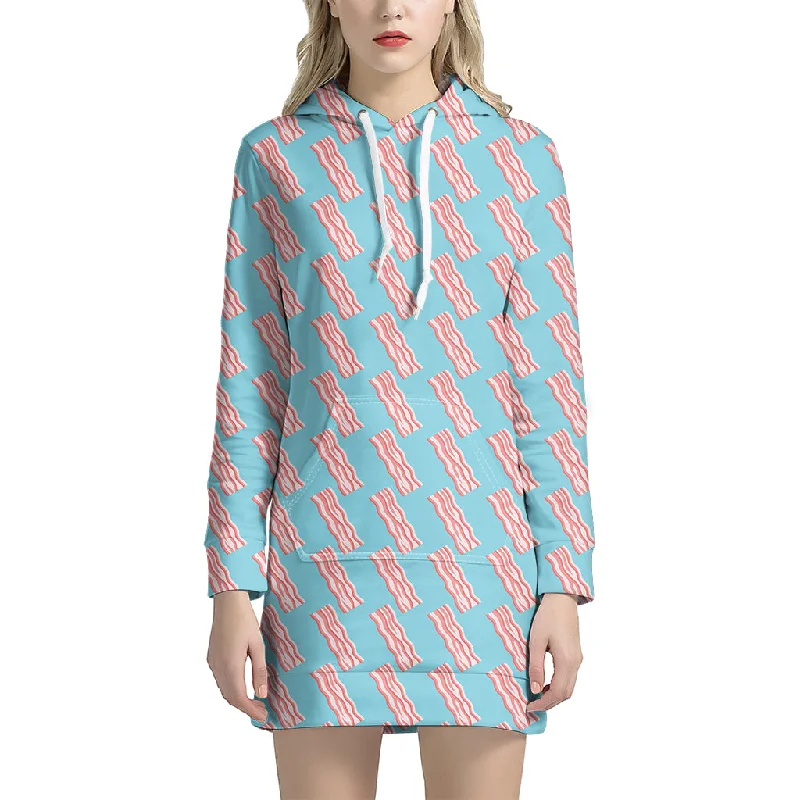 Blue Bacon Pattern Print Pullover Hoodie Dress