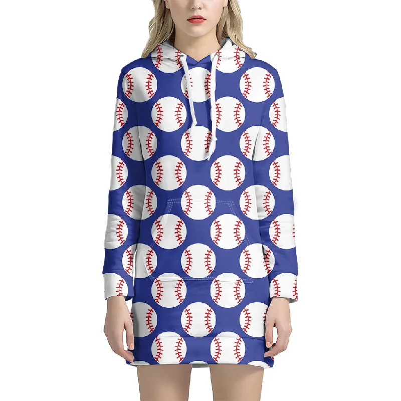 Blue Baseball Pattern Print Pullover Hoodie Dress