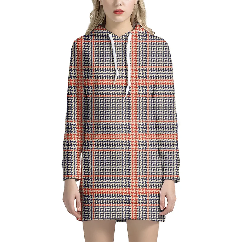 Blue Beige And Orange Glen Plaid Print Pullover Hoodie Dress