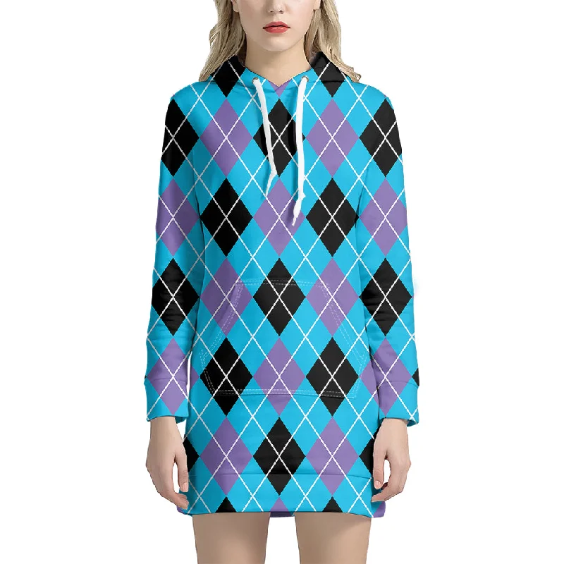 Blue Black And Purple Argyle Print Pullover Hoodie Dress