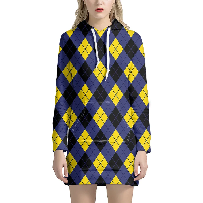 Blue Black And Yellow Argyle Print Pullover Hoodie Dress