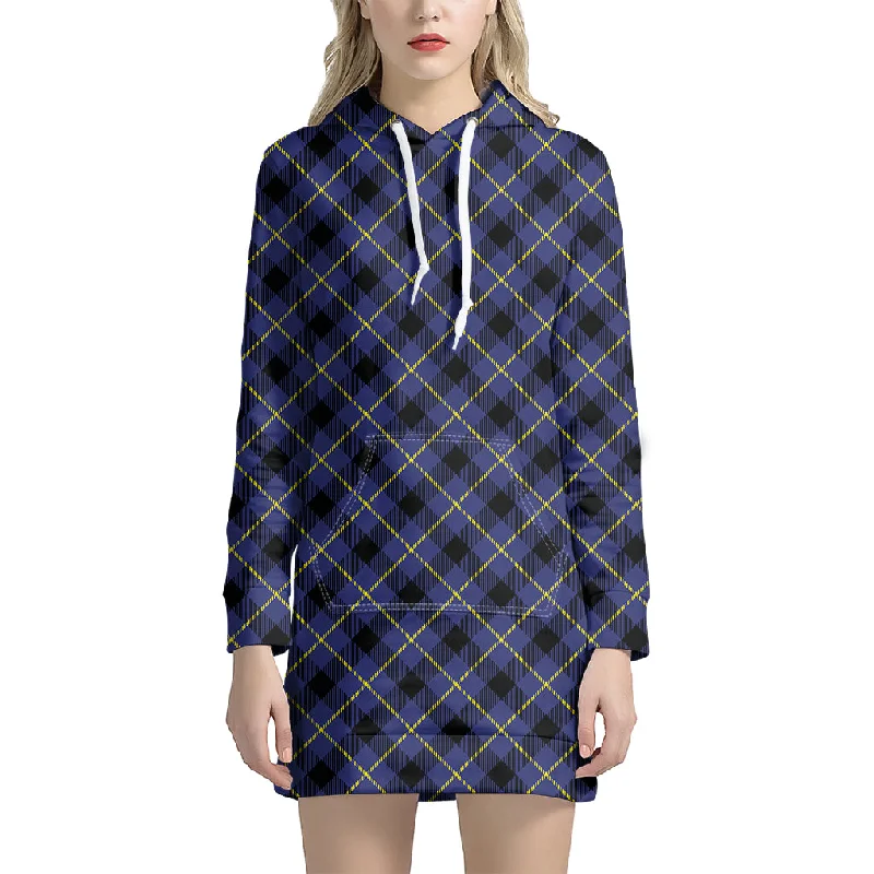 Blue Black And Yellow Plaid Print Pullover Hoodie Dress
