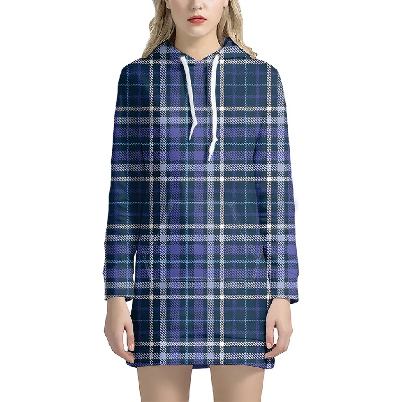 Blue Border Tartan Pattern Print Pullover Hoodie Dress