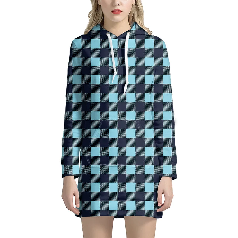 Blue Buffalo Check Pattern Print Pullover Hoodie Dress