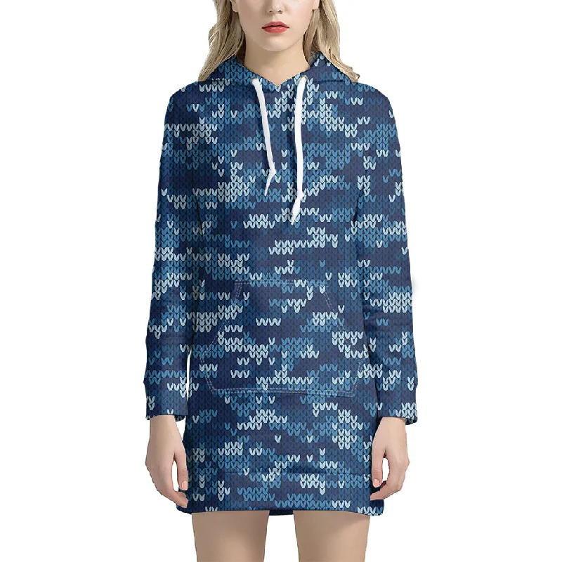 Blue Camouflage Knitted Pattern Print Pullover Hoodie Dress