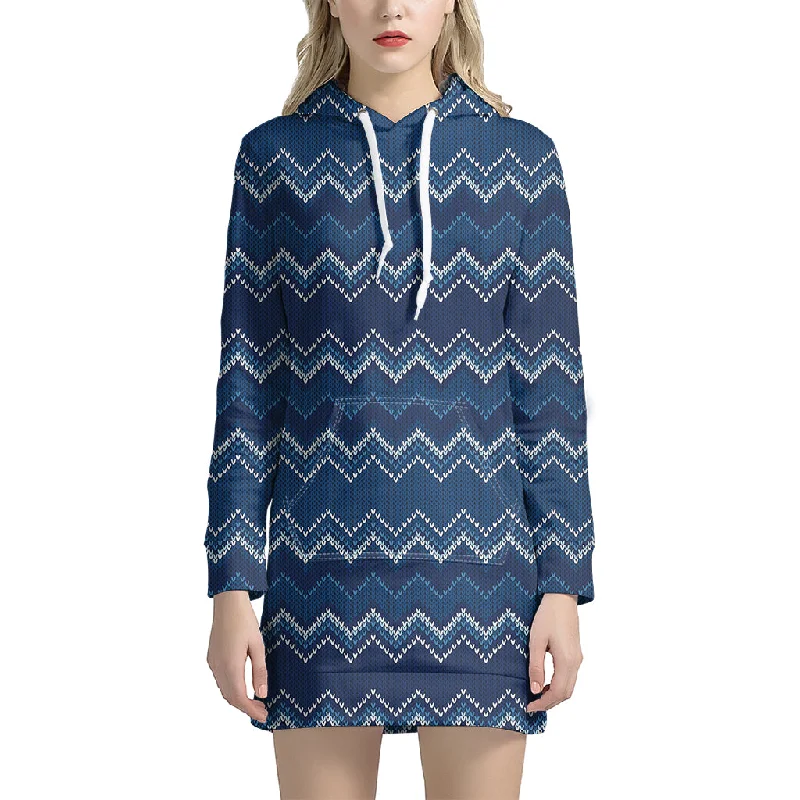 Blue Chevron Knitted Pattern Print Pullover Hoodie Dress